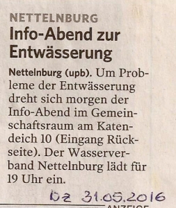 Bergedorfer Zeitung 31.5.16 - Info-Abend zur Entwässserung